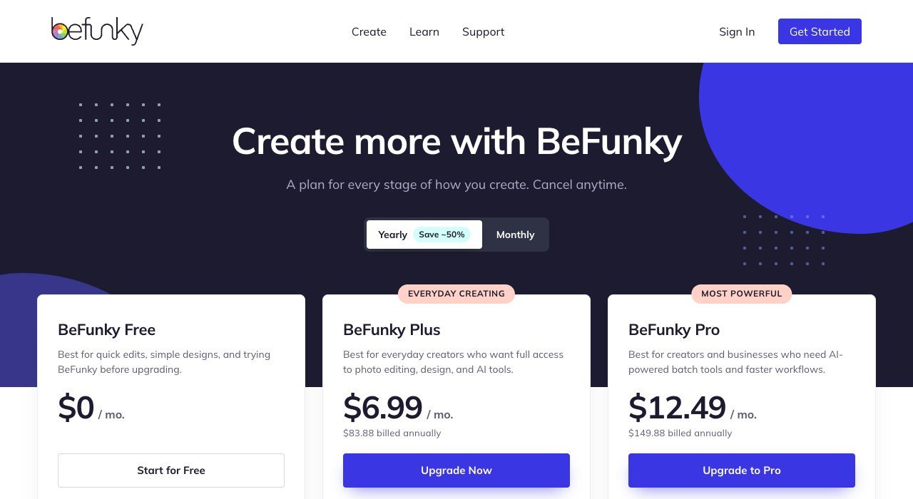 BeFunky pricing page showing the Free, Plus and Pro plans