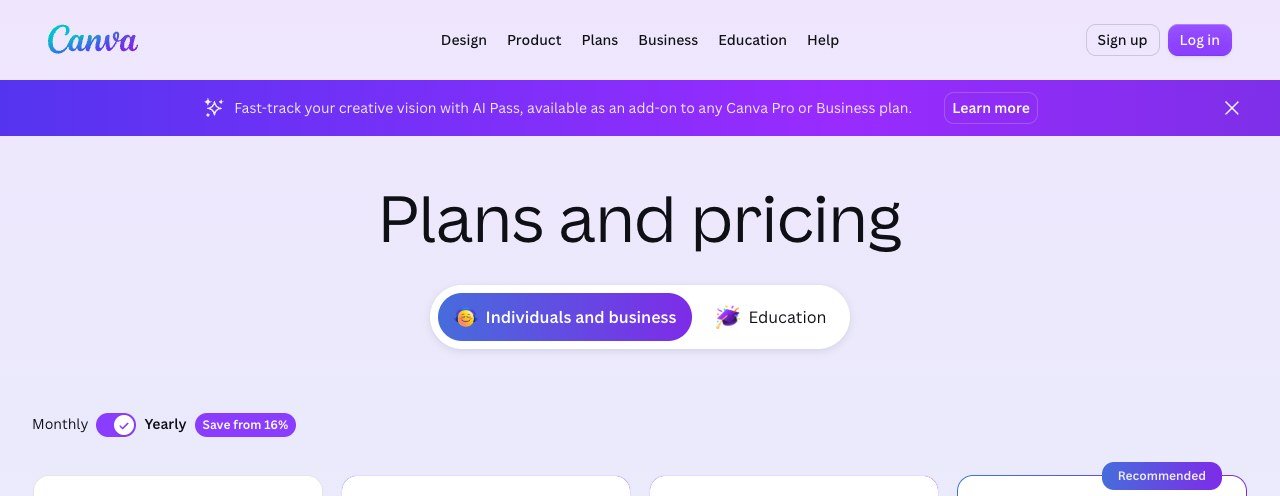 Canva plans and pricing page showing the individual and education plan selector
