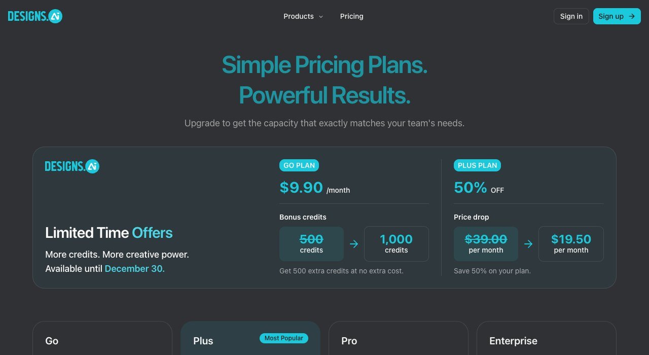 Designs.ai pricing page showing the Go, Plus, Pro and Enterprise plans