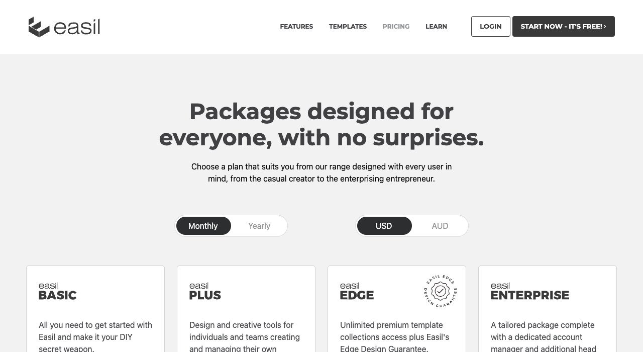 Easil pricing page showing the Basic, Plus, Edge and Enterprise packages