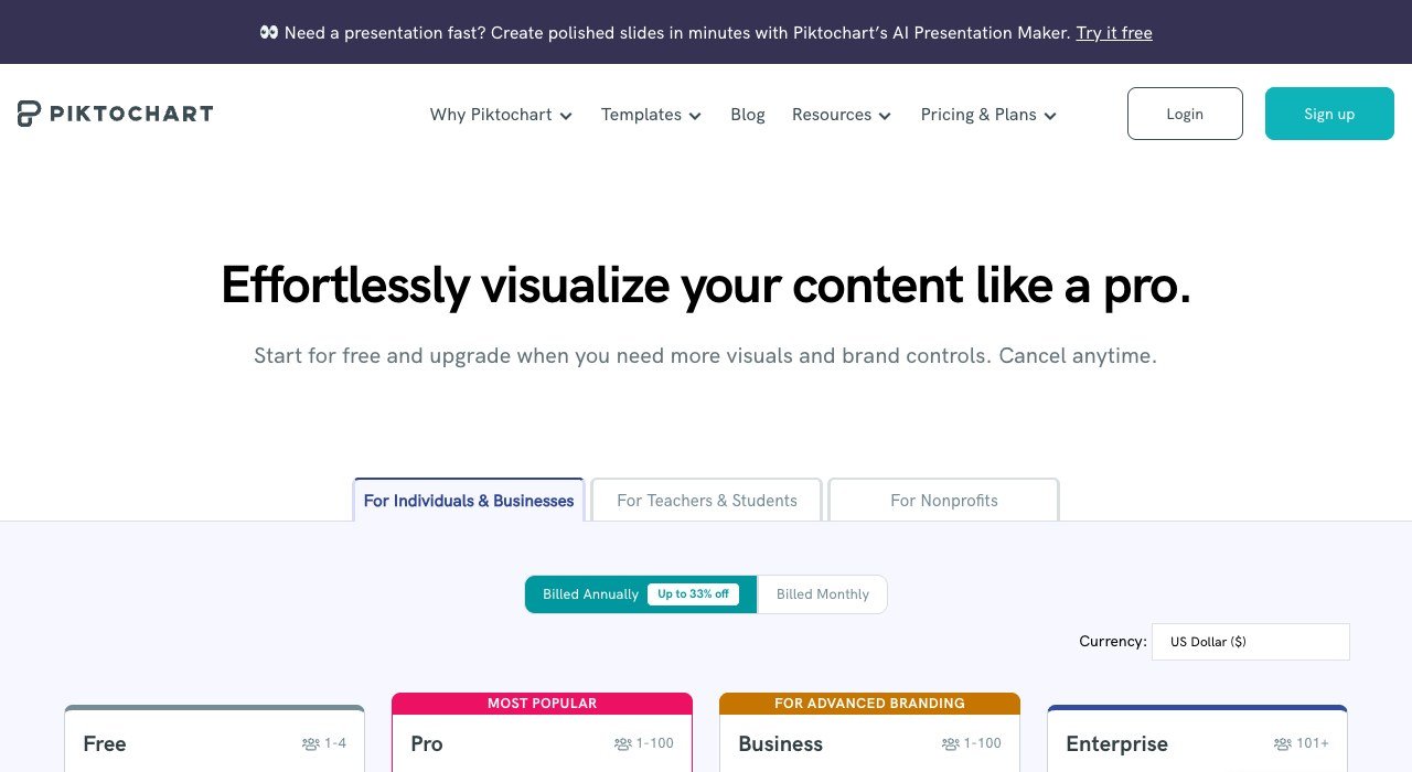 Piktochart pricing page showing the Free, Pro and Enterprise plans