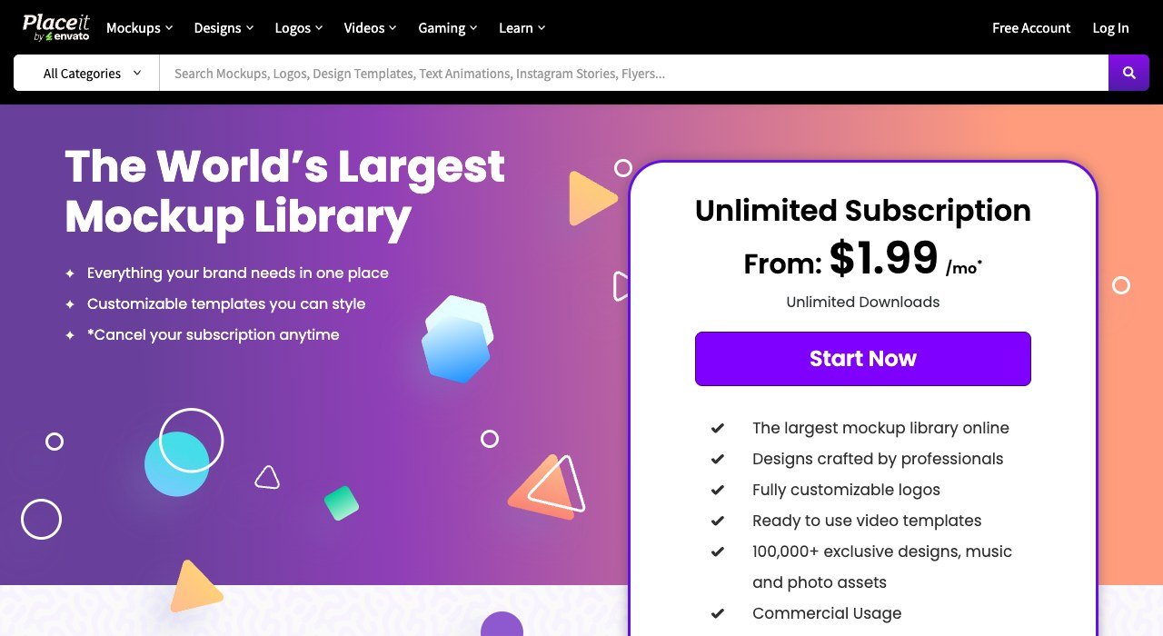 Placeit pricing page showing the unlimited subscription from one ninety nine a month