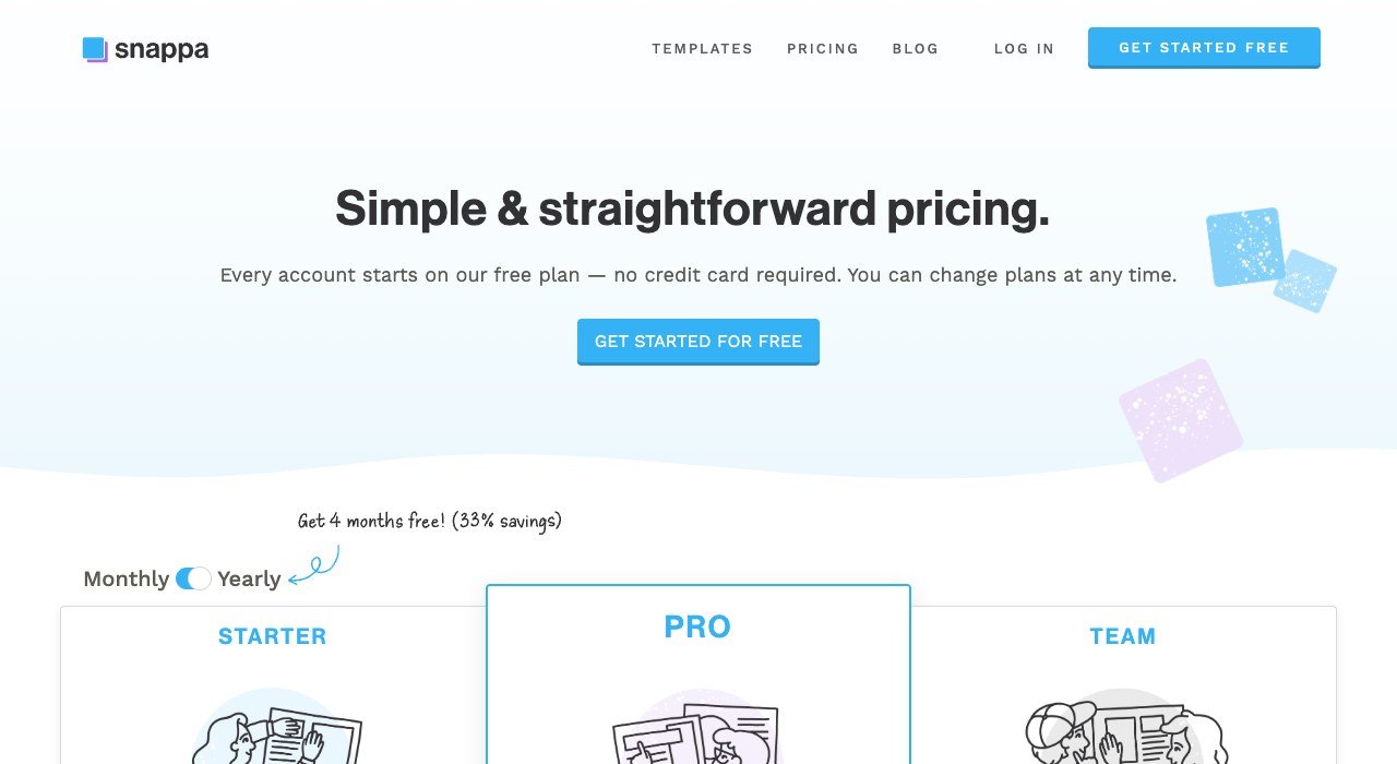 Snappa pricing page showing the Starter, Pro and Team plans