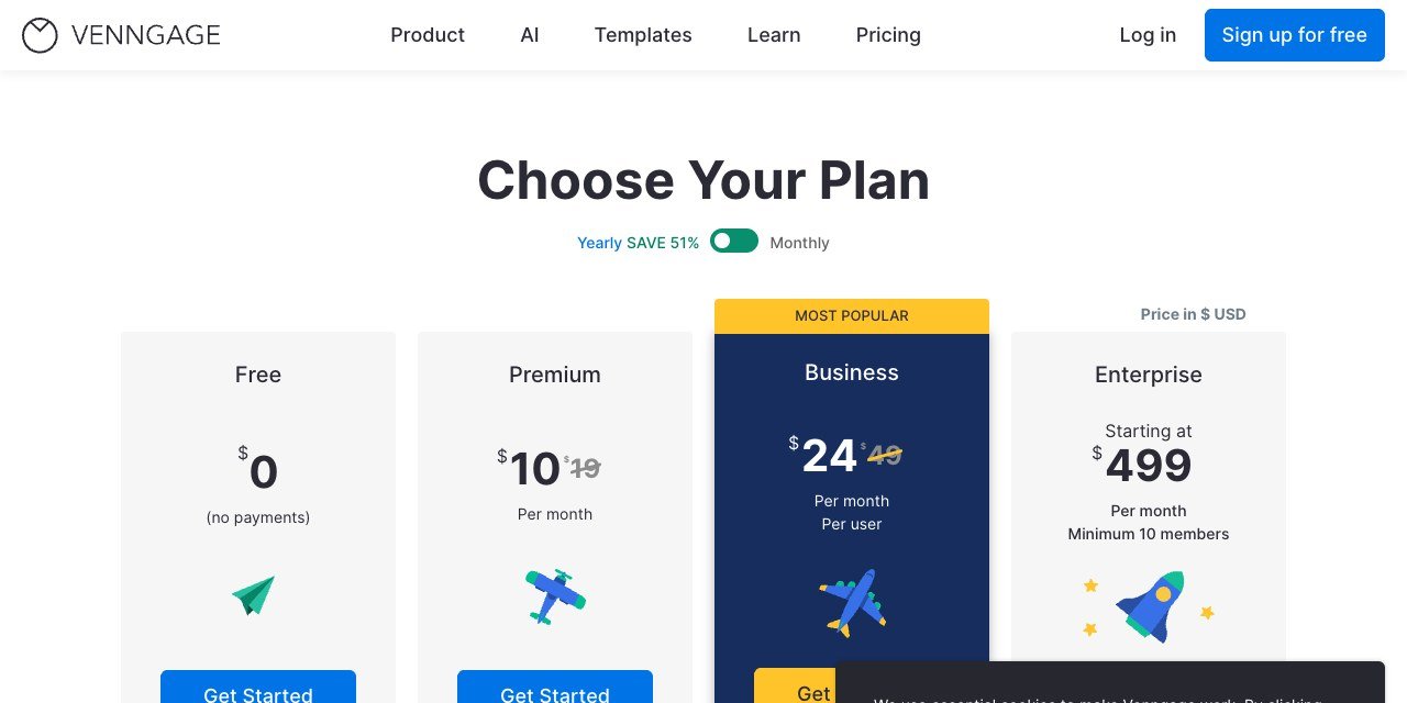 Venngage pricing page showing the Free, Premium, Business and Enterprise plans