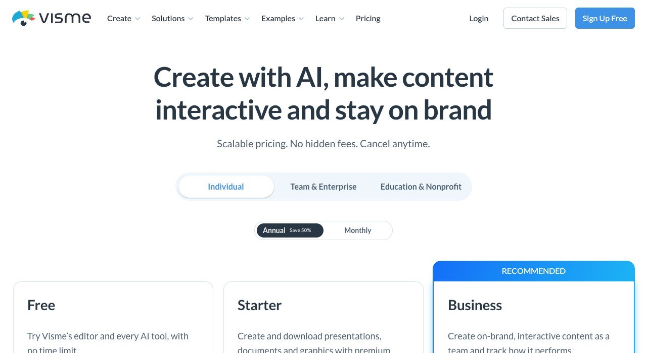 Visme pricing page showing the Free, Starter and Business plans