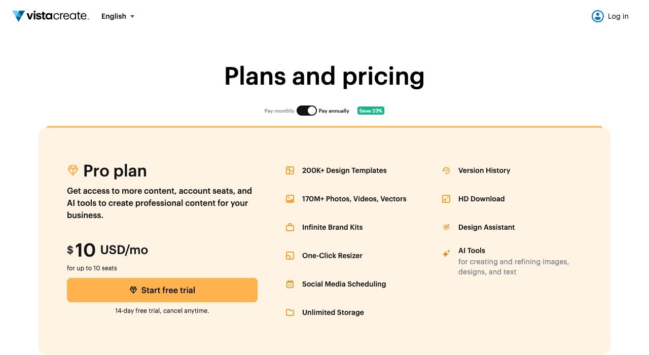 VistaCreate plans page showing the Starter and Pro plans in US dollars