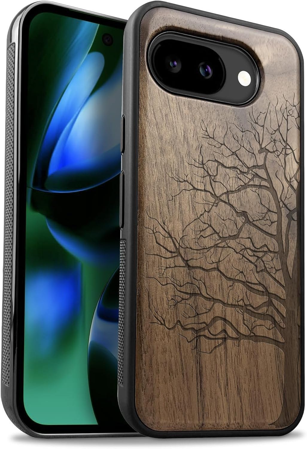 Carveit walnut wood case for Pixel 10a with engraved bare tree design