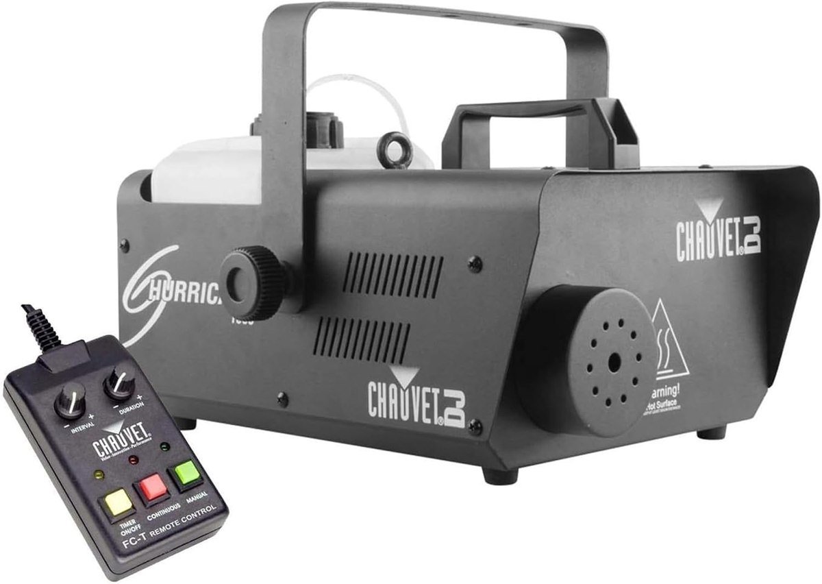 Chauvet DJ Hurricane 1600 fog machine beside its FC-T timer remote
