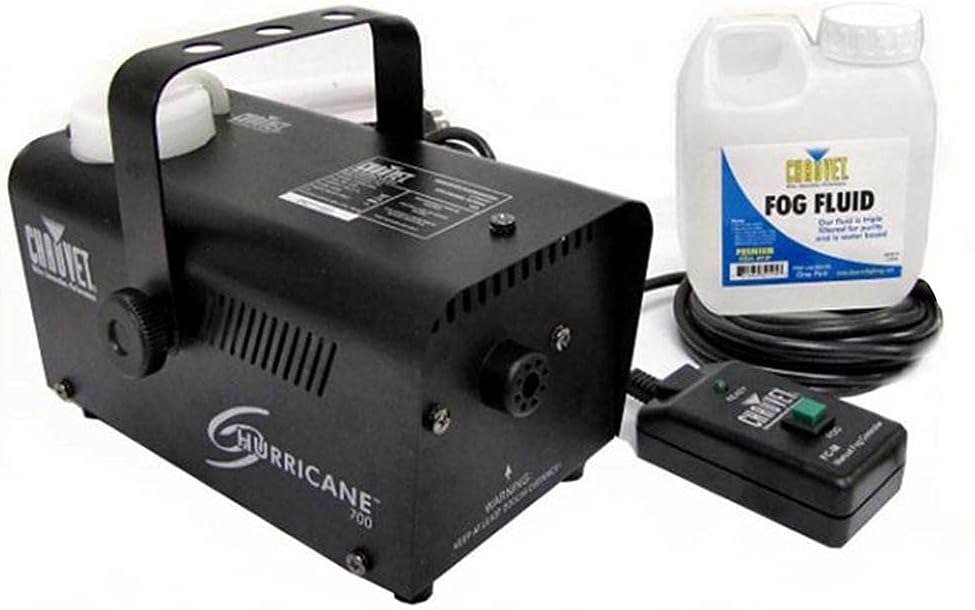 Chauvet DJ Hurricane 700 fog machine with its wired remote and a bottle of fog fluid