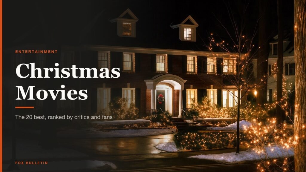 The McCallister house from Home Alone lit with Christmas lights at night beside the Christmas Movies headline