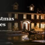 The McCallister house from Home Alone lit with Christmas lights at night beside the Christmas Movies headline