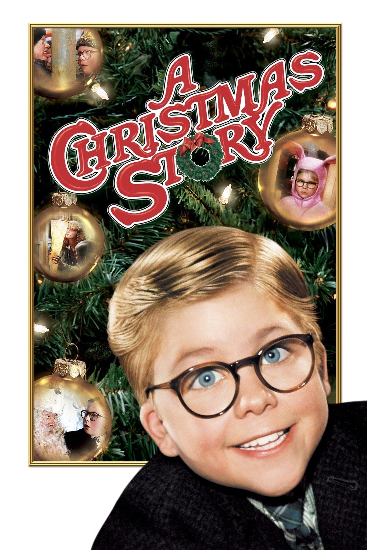 A Christmas Story poster with Ralphie in glasses in front of a Christmas tree