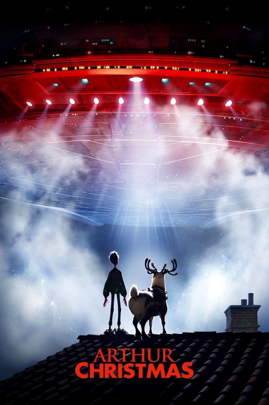 Arthur Christmas poster with Arthur and a reindeer on a rooftop beneath a giant red sleigh