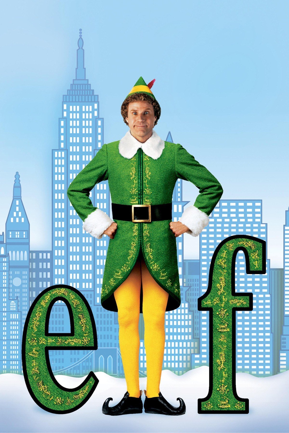 Elf poster with Will Ferrell as Buddy in a green elf suit in front of a New York skyline