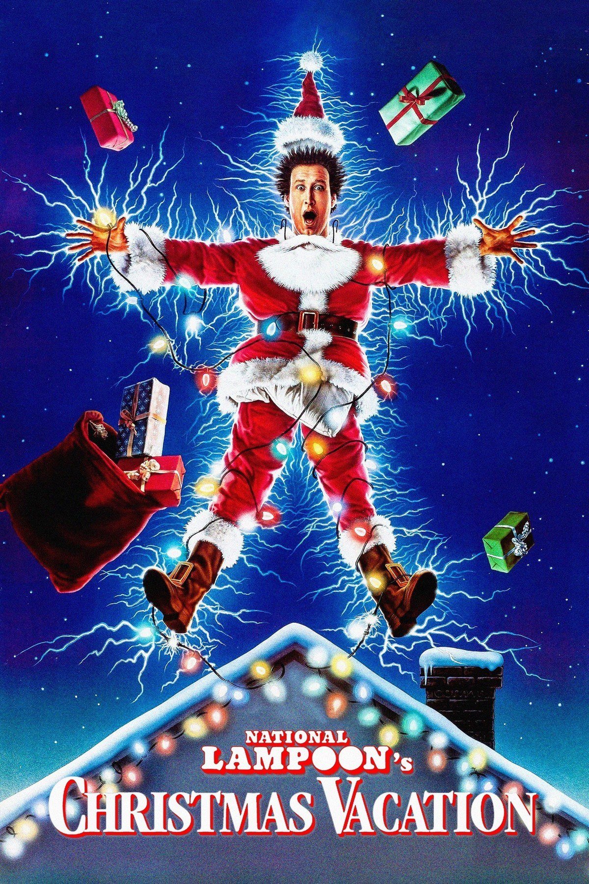 Christmas Vacation poster with Chevy Chase in a Santa suit tangled in Christmas lights
