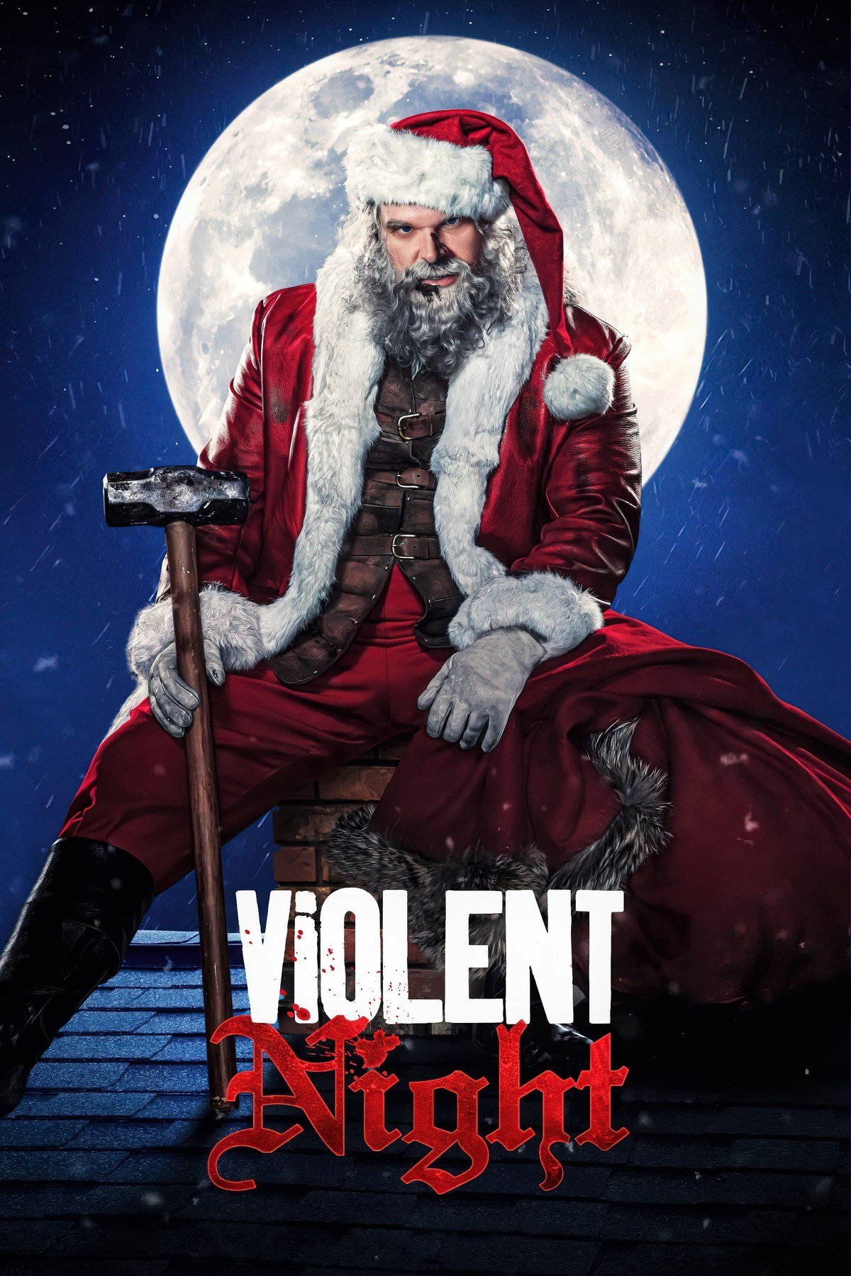 Violent Night poster with David Harbour as Santa holding a sledgehammer on a rooftop