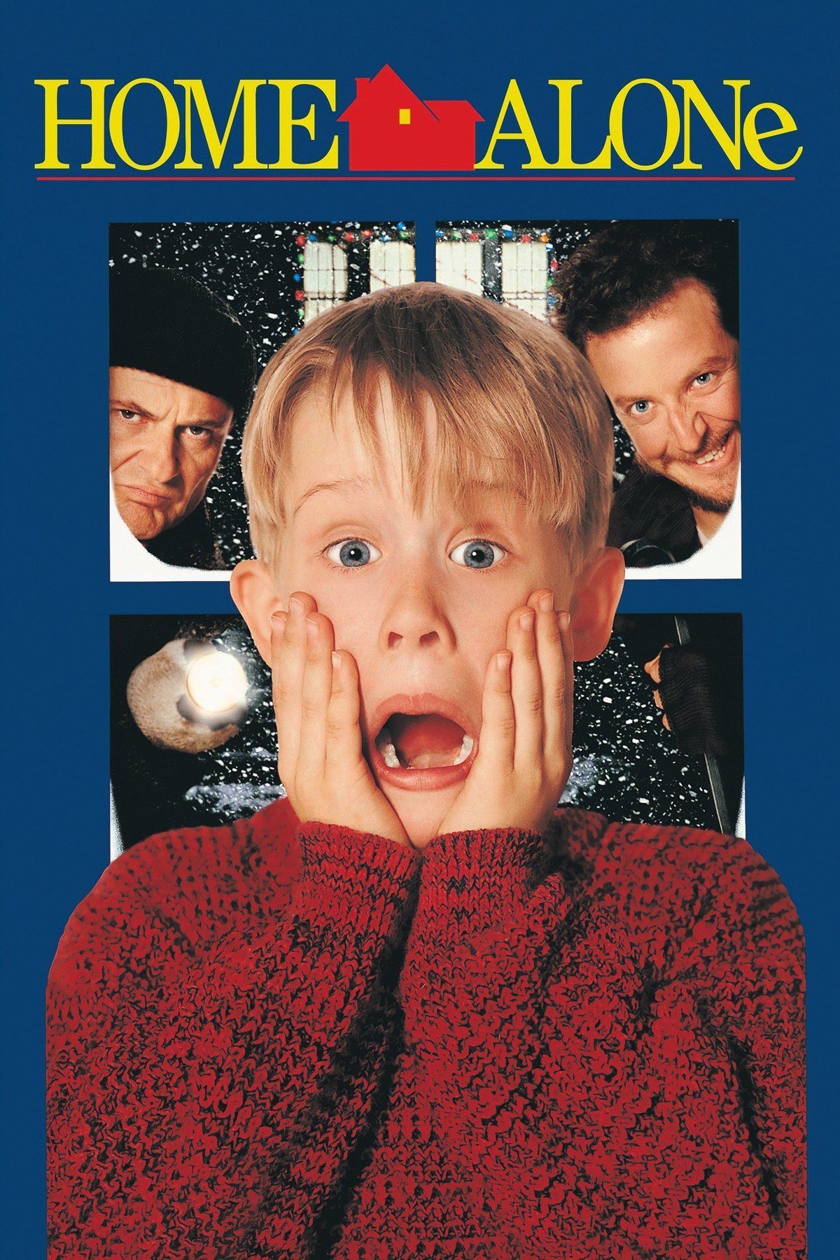 Home Alone poster with Macaulay Culkin screaming with hands on his cheeks and burglars behind