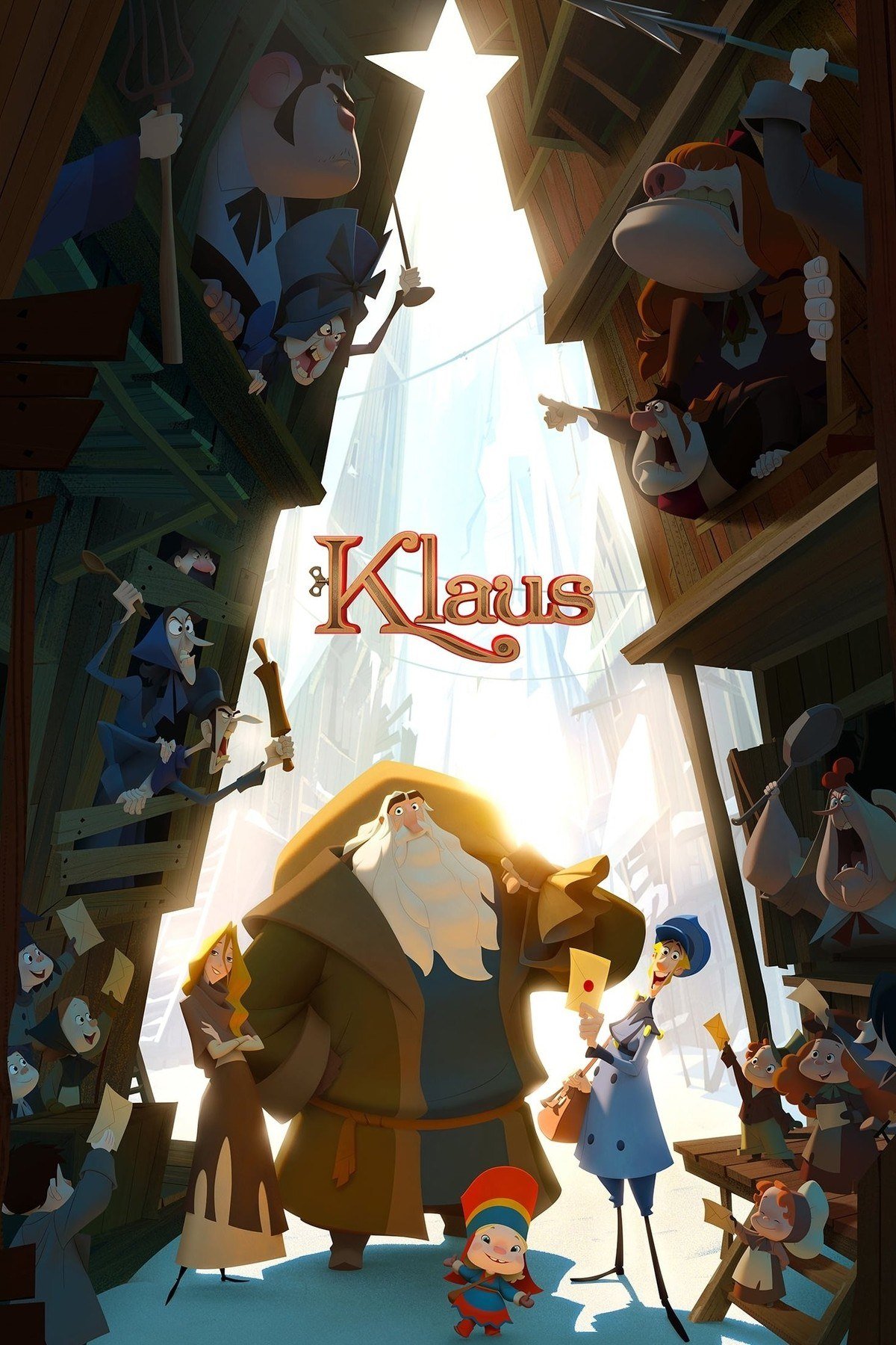 Klaus poster with the bearded toymaker carrying a sack beside the postman Jesper in a snowy town