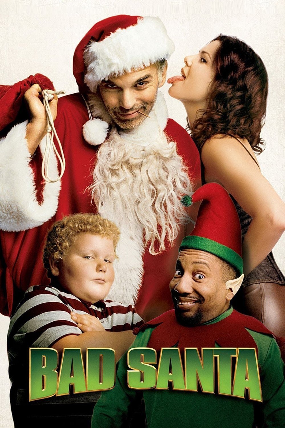 Bad Santa poster with Billy Bob Thornton as Santa with a sack beside Tony Cox as an elf