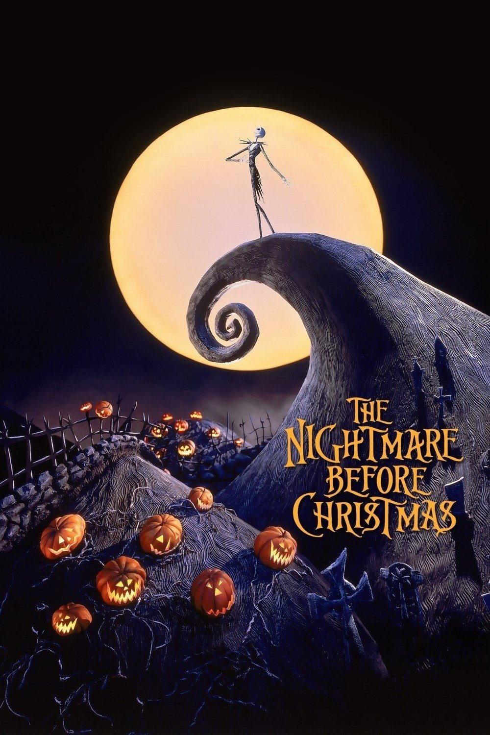 The Nightmare Before Christmas poster with Jack Skellington on the spiral hill against a full moon
