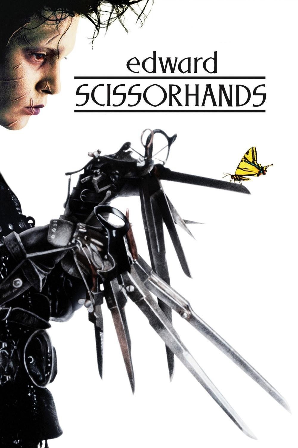 Edward Scissorhands poster with Johnny Depp's pale face and a scissor hand