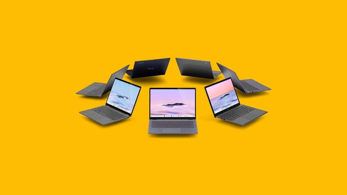 Several Chromebook Plus laptops from different makers arranged in an arc on a yellow background