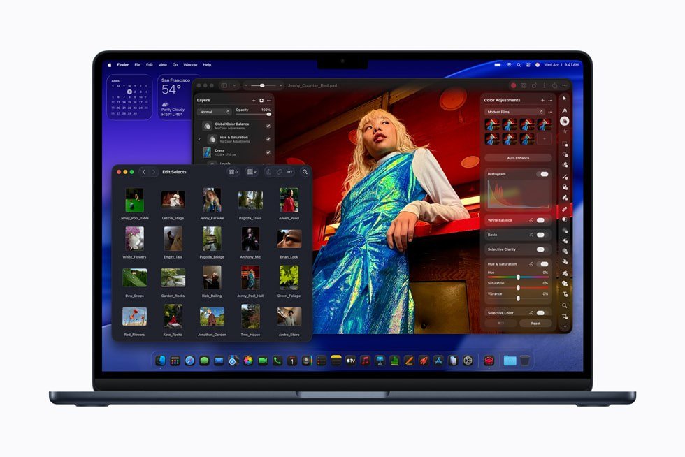 MacBook Air with M5 showing Pixelmator Pro and a Finder window of photos