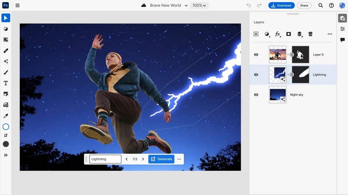 Adobe Photoshop on the web editing a photo of a jumping man on a Chromebook Plus
