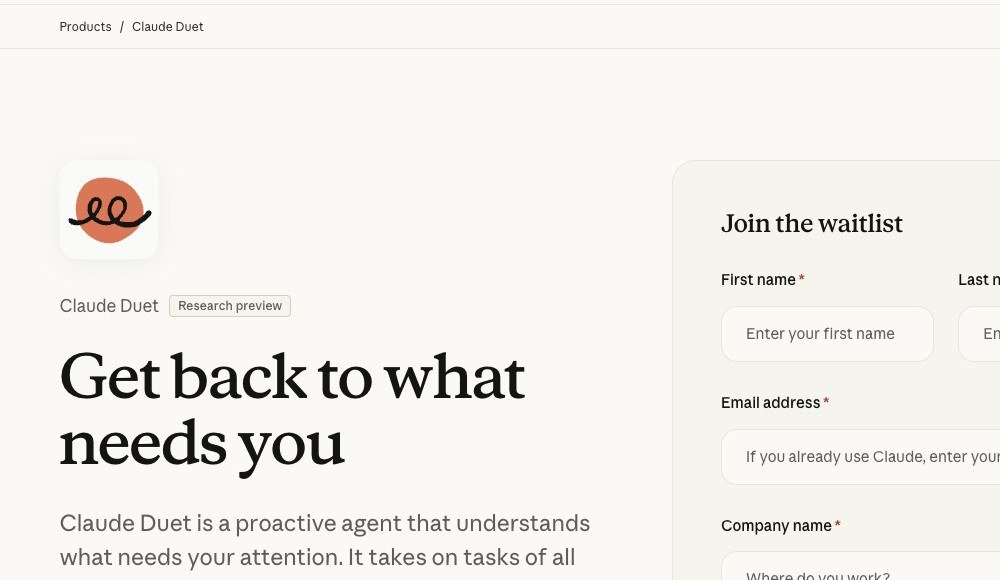 Claude Duet product page headed Get back to what needs you, marked Research preview, with the waitlist form