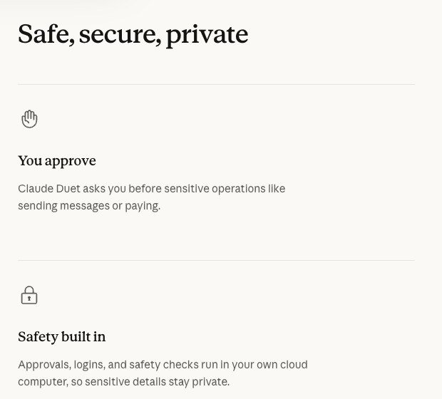 Anthropic safety panel stating that Claude Duet asks before sensitive operations and runs approvals in its own cloud computer