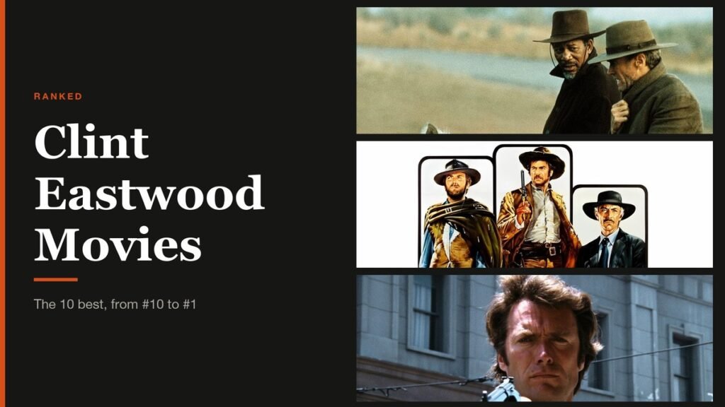 Clint Eastwood Movies headline beside stills from Clint Eastwood films