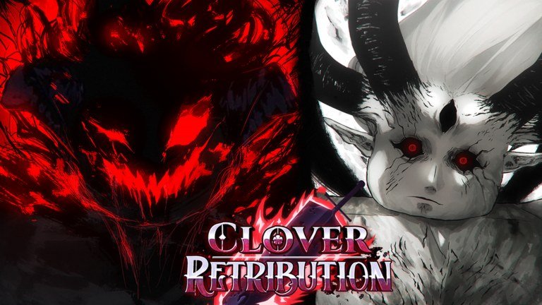 Clover Retribution artwork with a red-eyed horned demon beside a glowing red mask