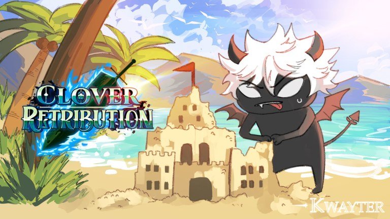 Clover Retribution beach artwork with a small horned devil next to a sandcastle
