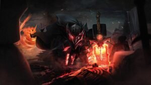 Combat Warriors artwork of an armoured knight with a glowing red greatsword at night