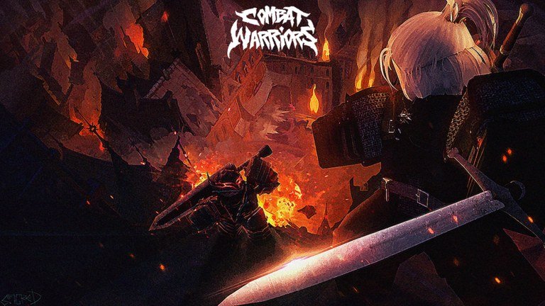 Combat Warriors artwork of two warriors facing off before a burning castle