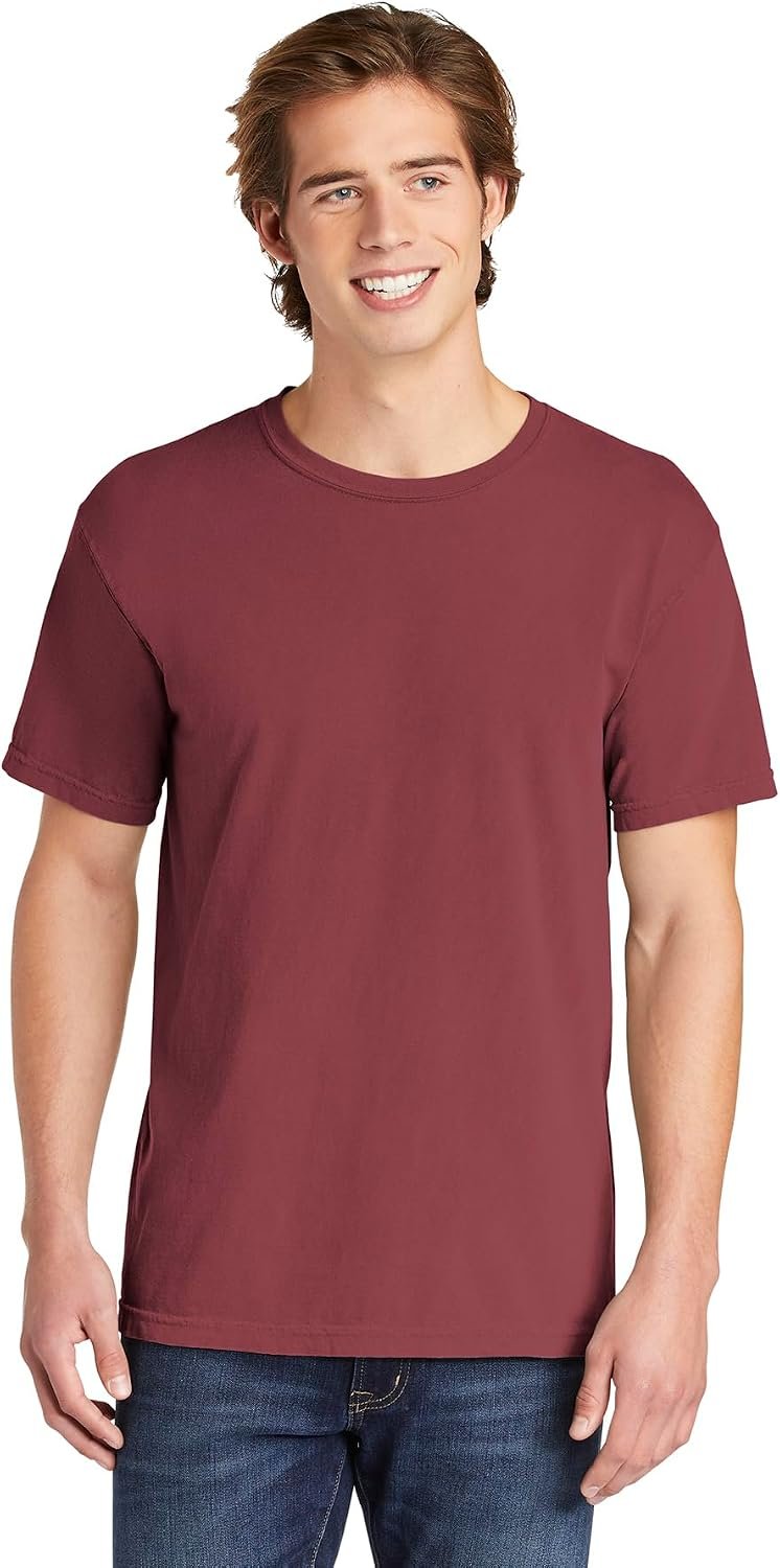 Man wearing a garment dyed maroon Comfort Colors G1717 short sleeve tee
