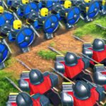 Two blocky armies in blue and red helmets charging at each other across grass in Command An Army