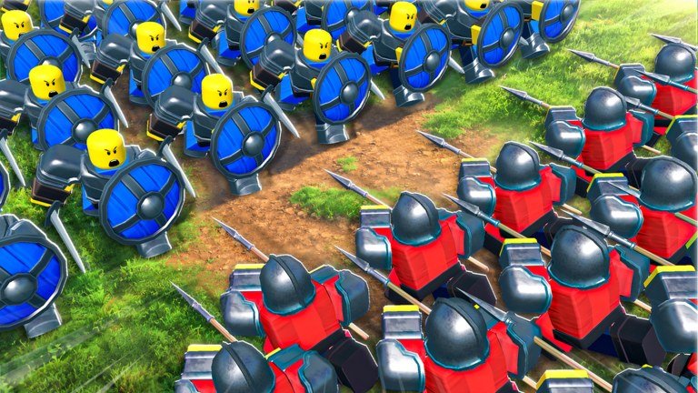 Two blocky armies in blue and red helmets charging at each other across grass in Command An Army