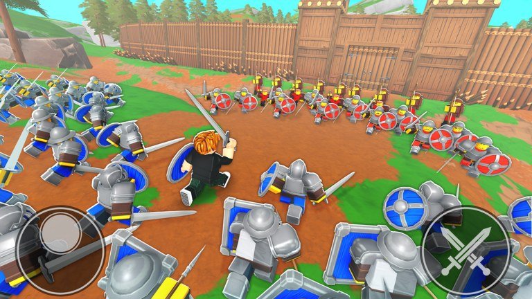 A player in orange leading armoured swordsmen toward a wooden fort in Command An Army
