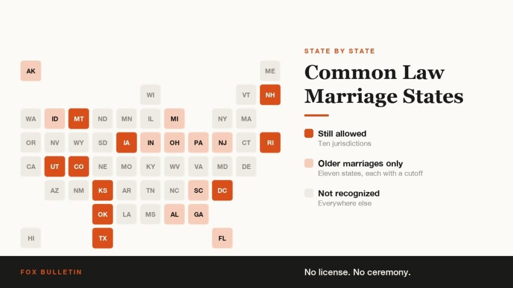 Map graphic titled Common Law Marriage States showing the ten jurisdictions that still allow new common law marriages and the eleven states that recognize only older ones