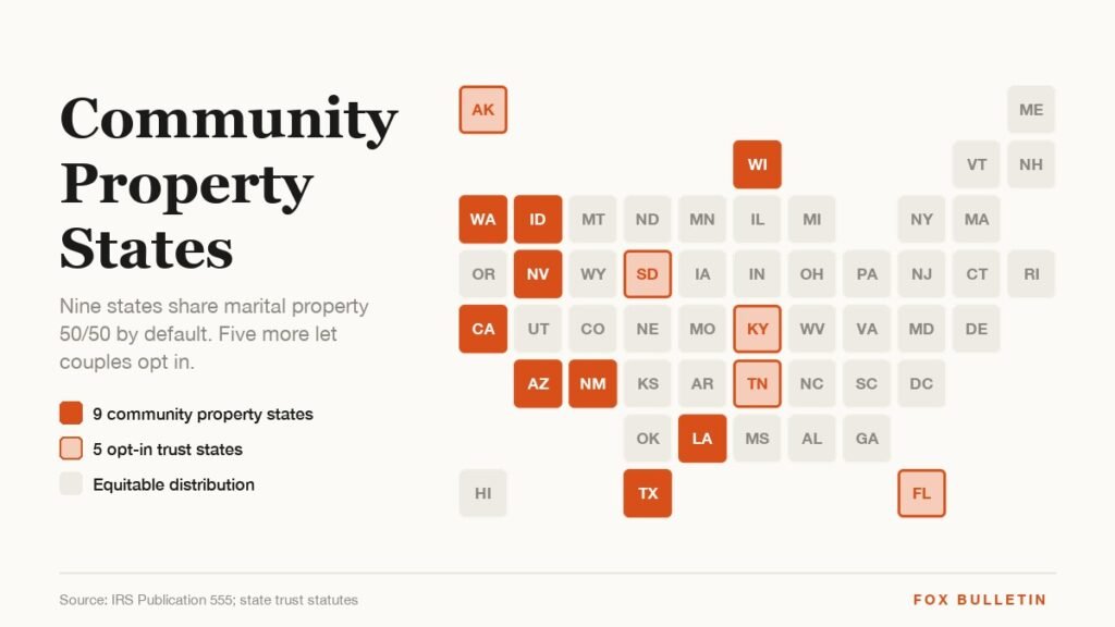 US tile map highlighting the nine community property states in orange and the five opt-in trust states outlined