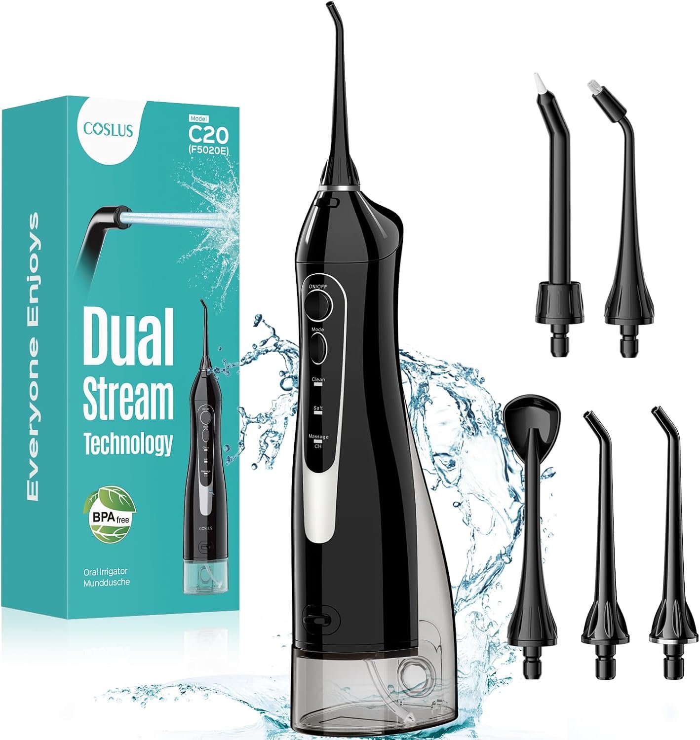 COSLUS C20 ADA Accepted cordless water dental flosser in black with nozzles