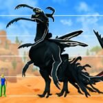 A towering black winged creature standing beside a tiny player character on a size chart in Creatures of Sonaria