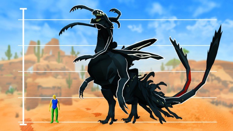 A towering black winged creature standing beside a tiny player character on a size chart in Creatures of Sonaria