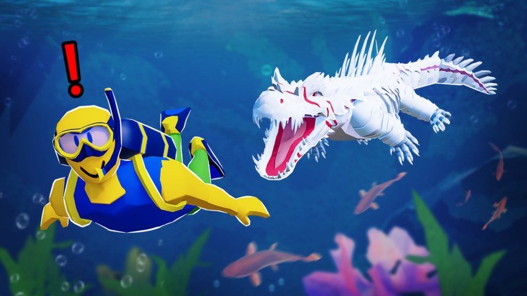 A diver in a yellow and blue wetsuit swimming away from a white eel like creature underwater in Creatures of Sonaria