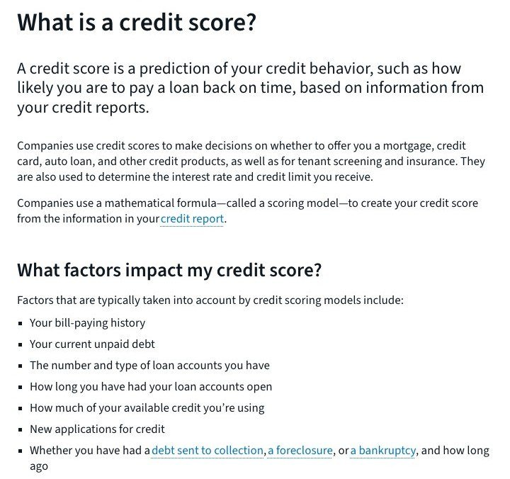 CFPB answer page defining a credit score and listing the factors scoring models use