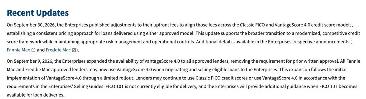 FHFA Recent Updates on Classic FICO and VantageScore 4.0 for Fannie Mae and Freddie Mac loans in 2026