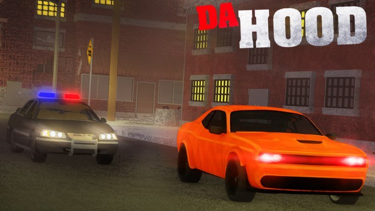Da Hood artwork of a police car chasing an orange muscle car down a city street at night