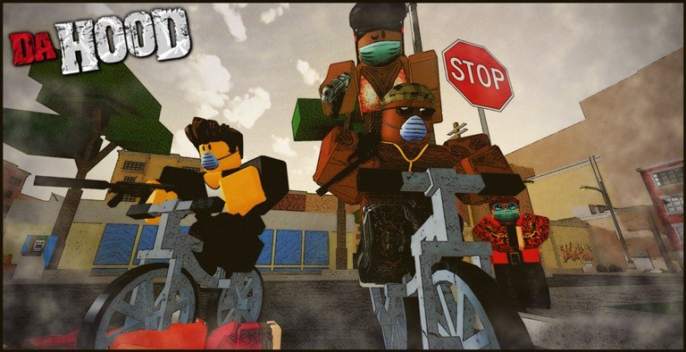 Da Hood artwork of two masked players riding bikes past a stop sign