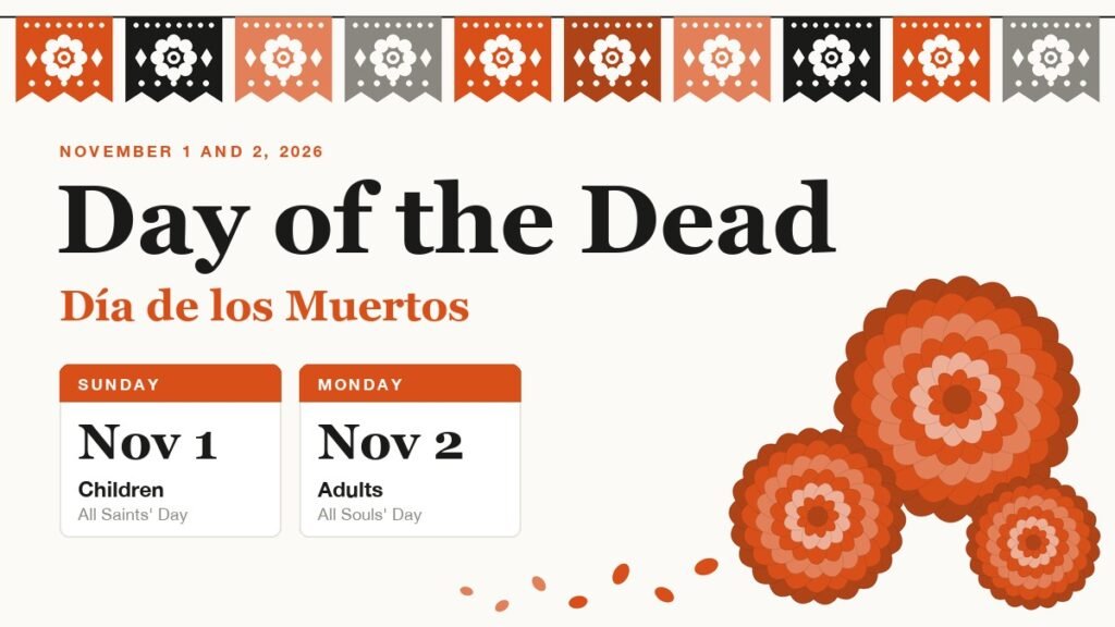 Day of the Dead graphic with a papel picado banner, marigolds and the 2026 dates, November 1 for children and November 2 for adults